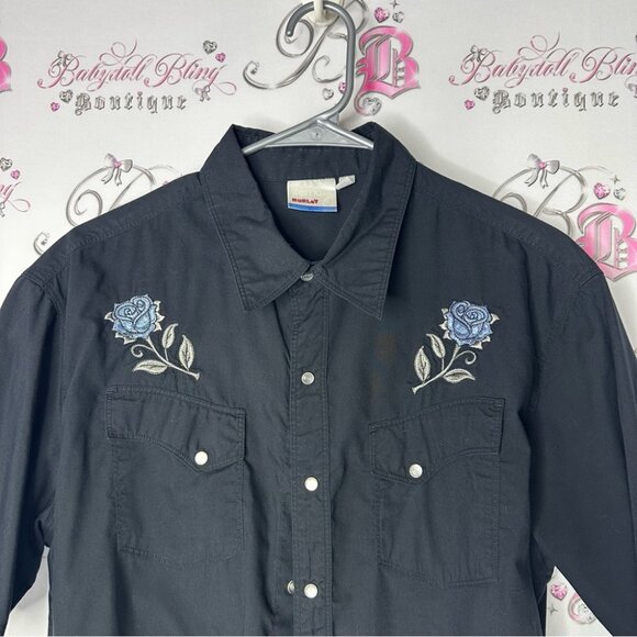 Hurley button tshirt top Men's Black Embroidered Shirt floral tattoo - Picture 2 of 6